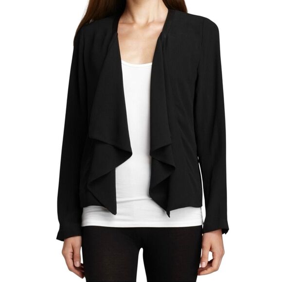 Eileen Fisher black 100% silk drape front jacket with leather trim size PL - Picture 1 of 15